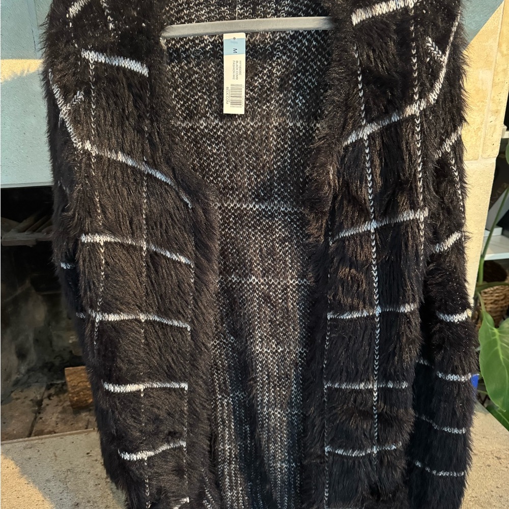 Chic Black Fuzzy Open-Front Cardigan
